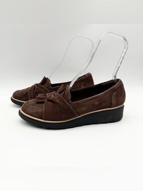Clarks Sharon Dasher Sip-on Suede Loafers Shoes Knot Detail Brown 11 Wide New